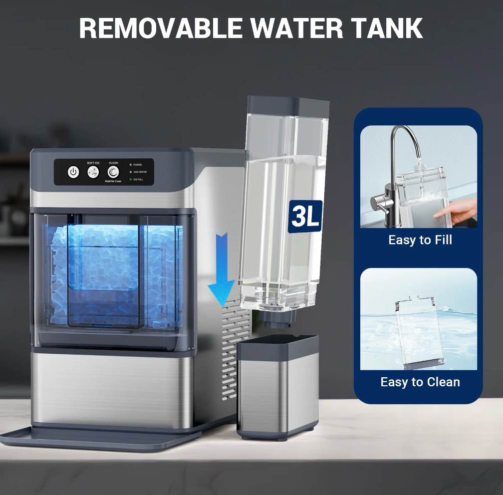 Snowyermine Nugget Ice Maker Countertop with 0.8Gal Built-in Water Tank, 44Lbs/24H, One-Touch Fast Ice in 6 Mins, Self-Cleaning & Ultra Quiet for Home/Office/Party