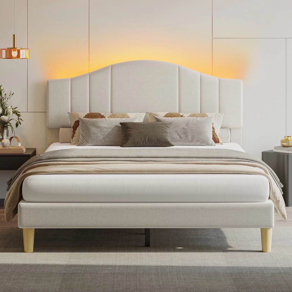 Pinmoco Full Upholstered Bed Frame with Adjustable Arc-shaped Headboard, LED Platform Bed, Fabric Beige
