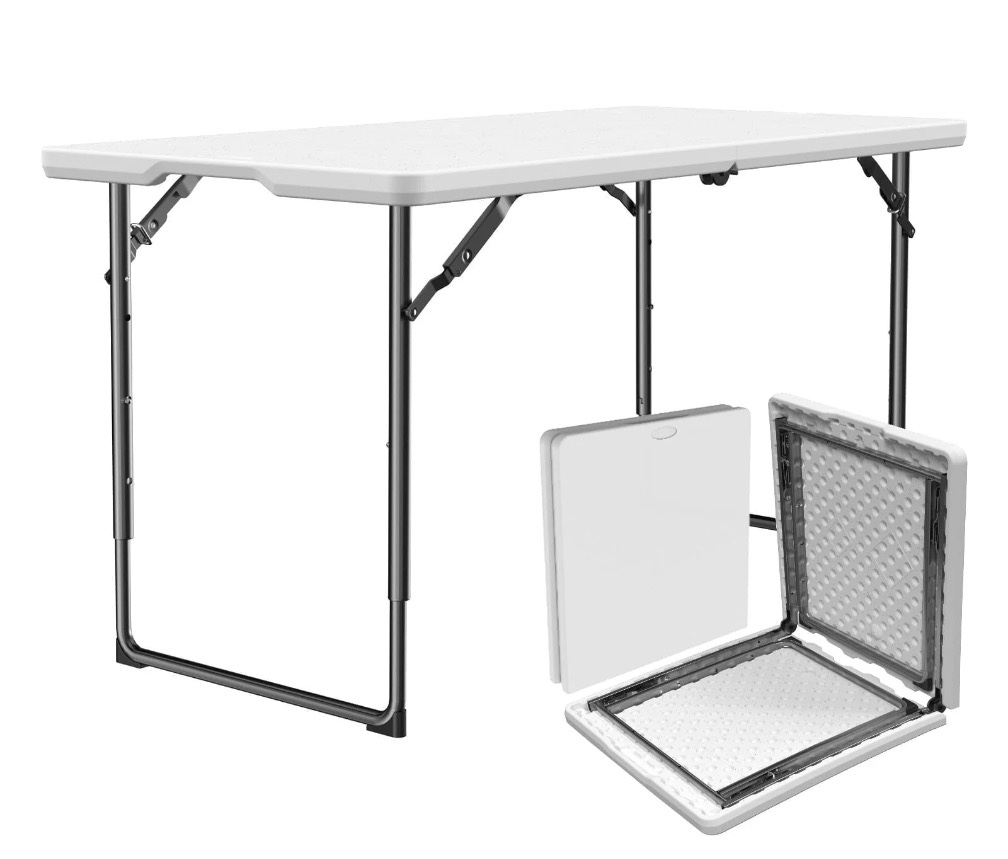 WASUHE Folding Table 4 FT Lightweight Table, Plastic Rectangular Indoor Outdoor Table Iron Legs Fold-in-Half, Easy to Store, Perfect for Party, Dining, Wedding, Events, White