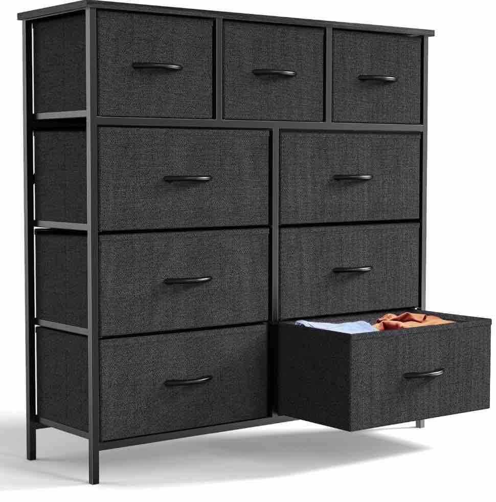 edx 9 Drawer Fabric Dresser for Bedroom, Chest of Drawer Organizer Storage Cabinet for Closet, Entryway, Black