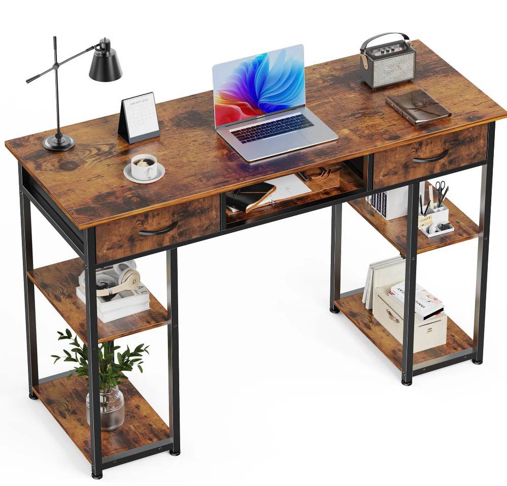 edx Small Desk Fabric Drawers & Storage Shelves, Home Office Computer Desk, Writing Desk Small Space Desk Study Table for Home, Bedroom, 48 Inch, Brown Rust