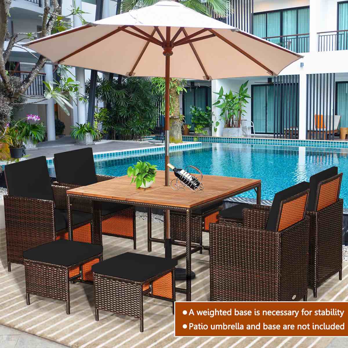 Tangkula 9 Pieces Acacia Wood Patio Dining Set, Wicker Chairs and Wood Table