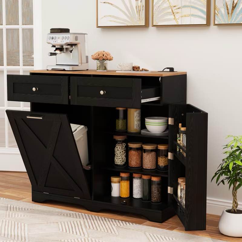 Costway Tilt Out Trash Can Cabinet w/ Outlets 2 Drawers Adjustable Shelf Anti-Tipping Kit Black & Walnut