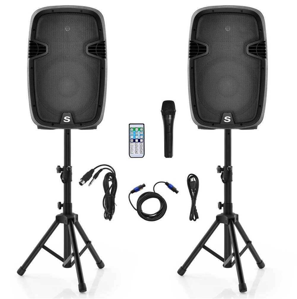 Costway Dual 12 in 2 way 2000W Powered Speakers with  Mic Speaker Stands Control Cables