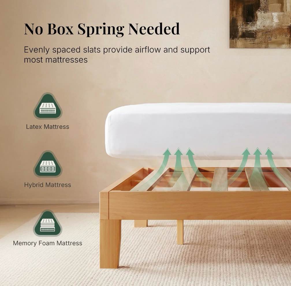 CONCETTA 12 inch Full Natural Pine Platform Bed Frame, Wood Slat Support, No Box Spring Required