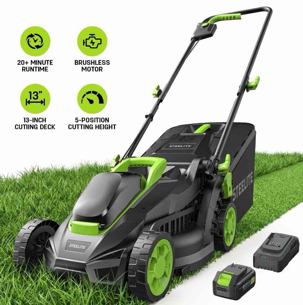 Steelite 13-Inch Cordless Lawn Mower, 21V Electric Lawn Mowers with Brushless Motor for Garden,5 Heights Adjustment, 4.0Ah Battery & Charger Included