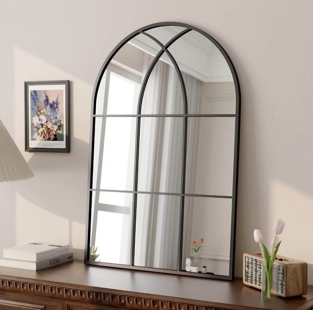 BEAUTYPEAK 36"x 24" Arched Windowpane Mirror Decorative Wall Mirror, Black