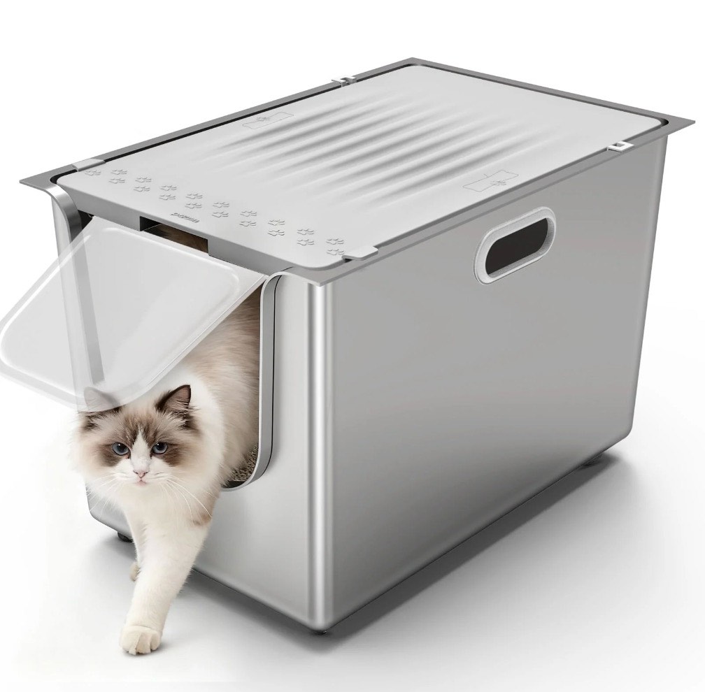 Ptlom Flip Top Stainless Steel Litter Box 22.8" x 14.9" x 14.5" Extra Large Metal Litter Box with Lid High-Sided One-Piece Litter Pan