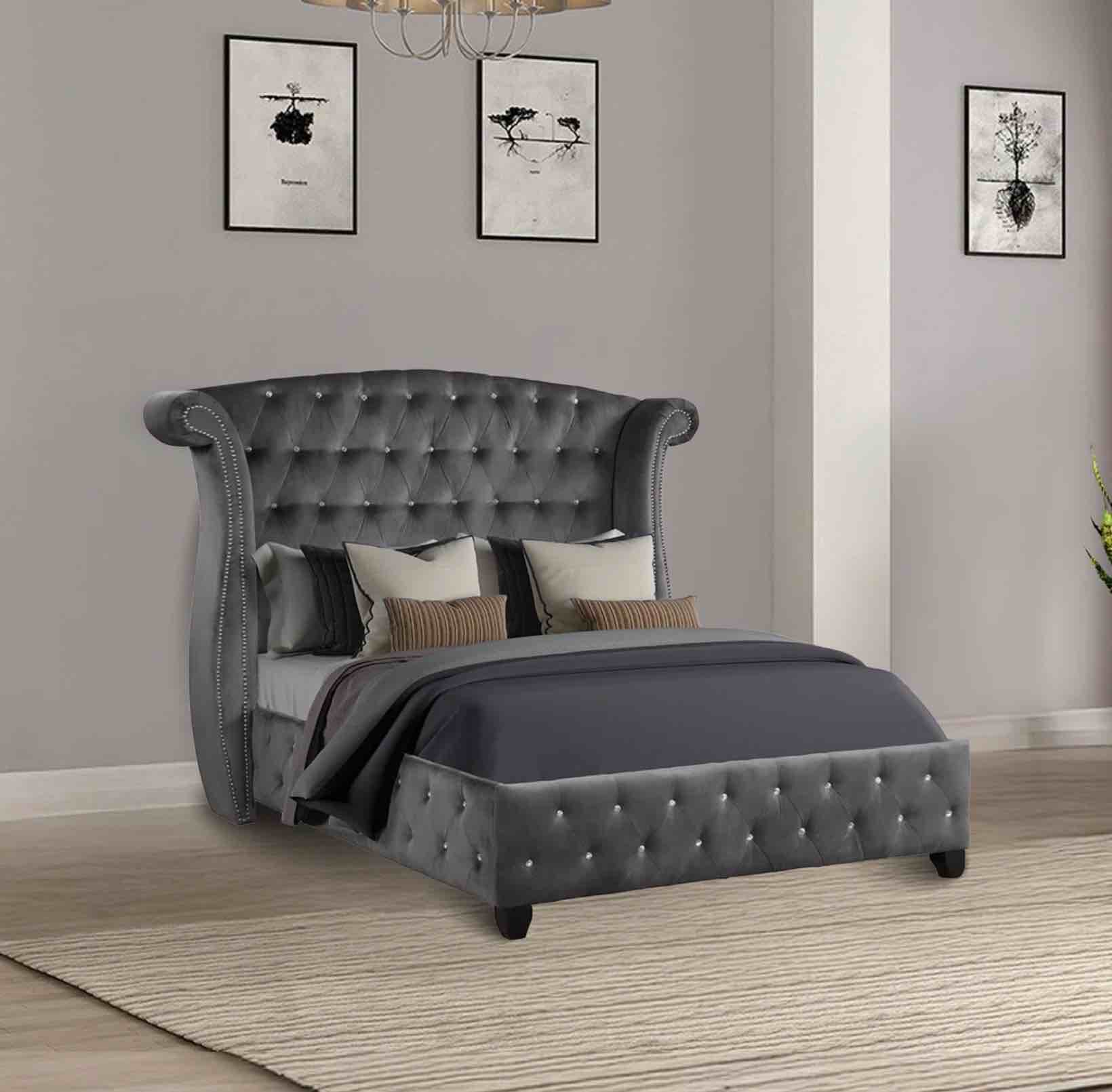 Sophia Modern Style Crystal Tufted Full Velvet Fabric Upholstery Bed Made with Wood in Gray
