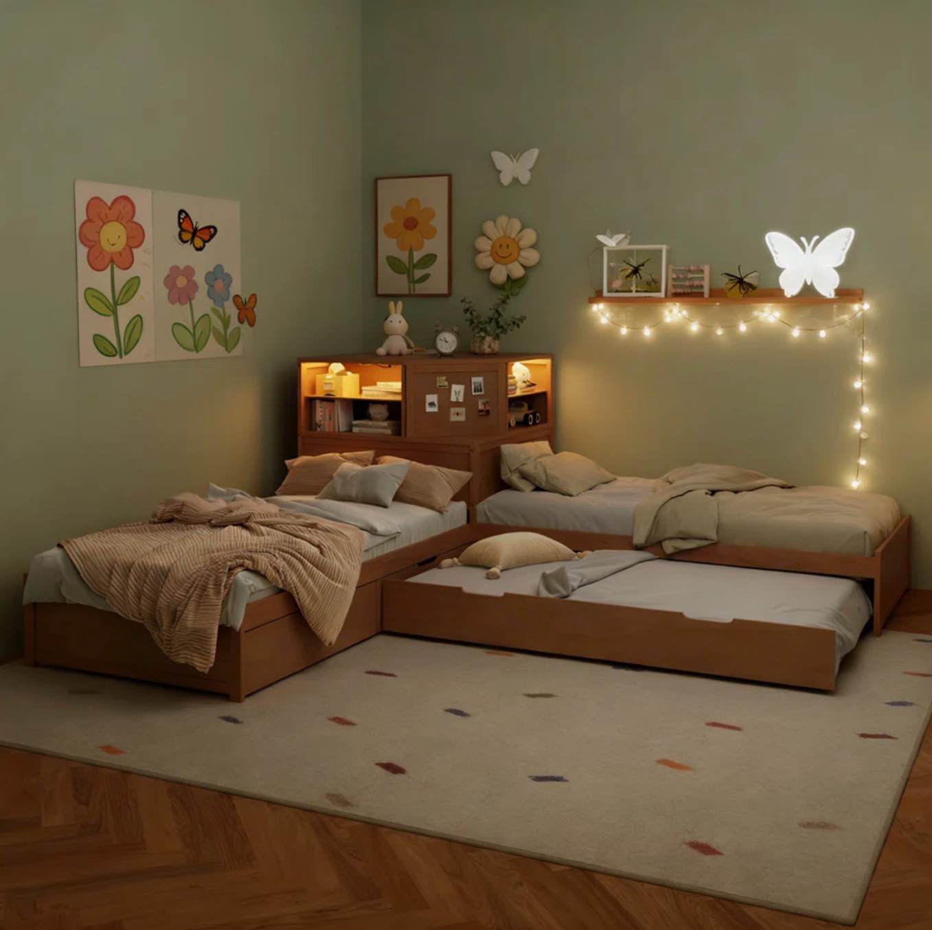 L shaped combination bed with trundle and drawer