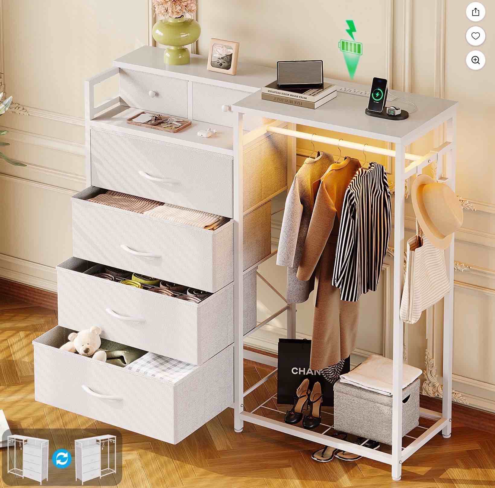 Cómoda para Dormitorio con Perchero, Cómoda de 6 Cajones con Estación de Carga y Luces LED, Cómoda de Almacenamiento Blanca para Dormitorio, Blanca