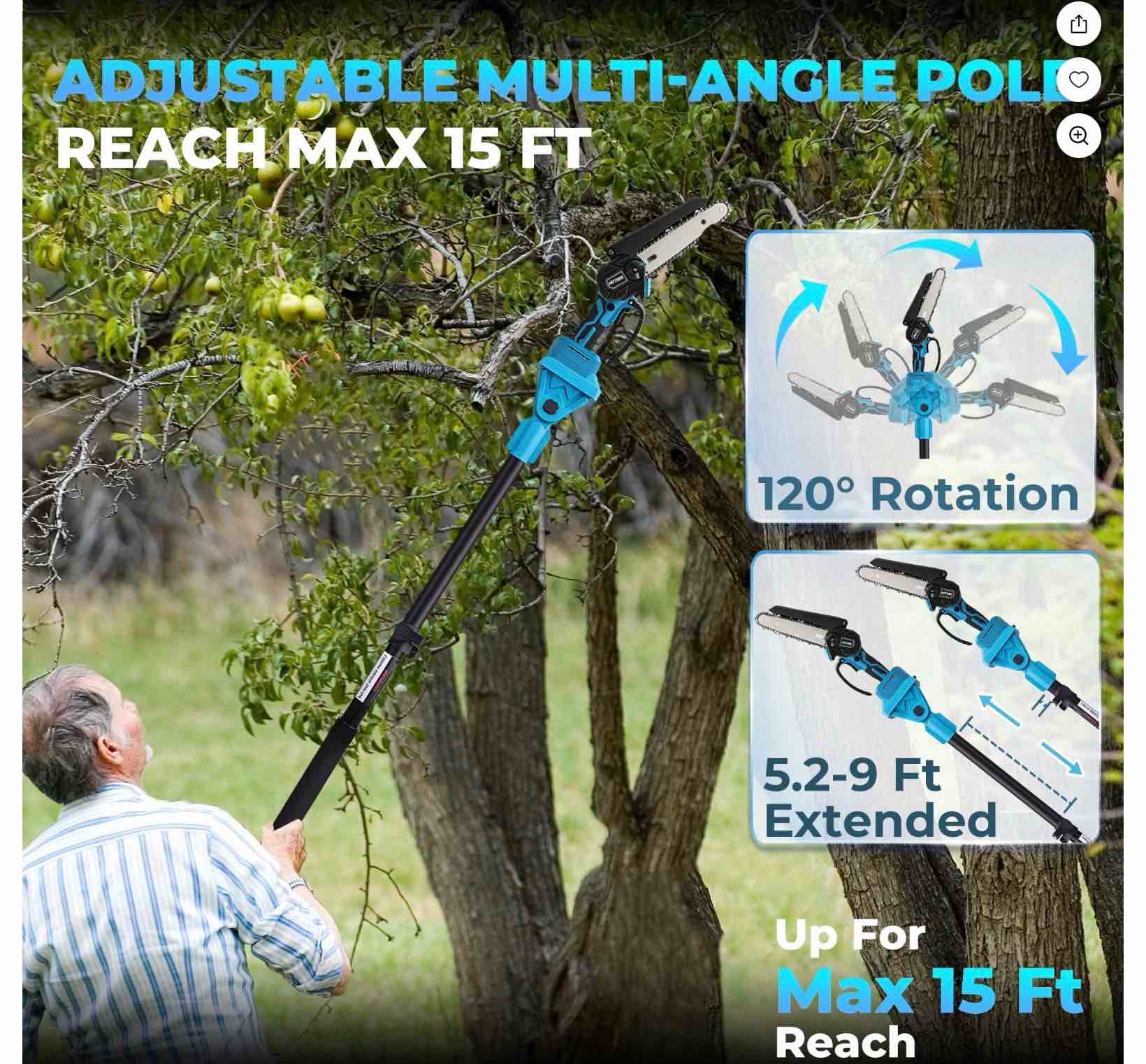 HOTREE 2 in 1 Wireless Pole Saw, Mini Handheld 6 Inch Pole Chainsaw, 15 ft Extension Post Saw for Effortless Tree Recourse