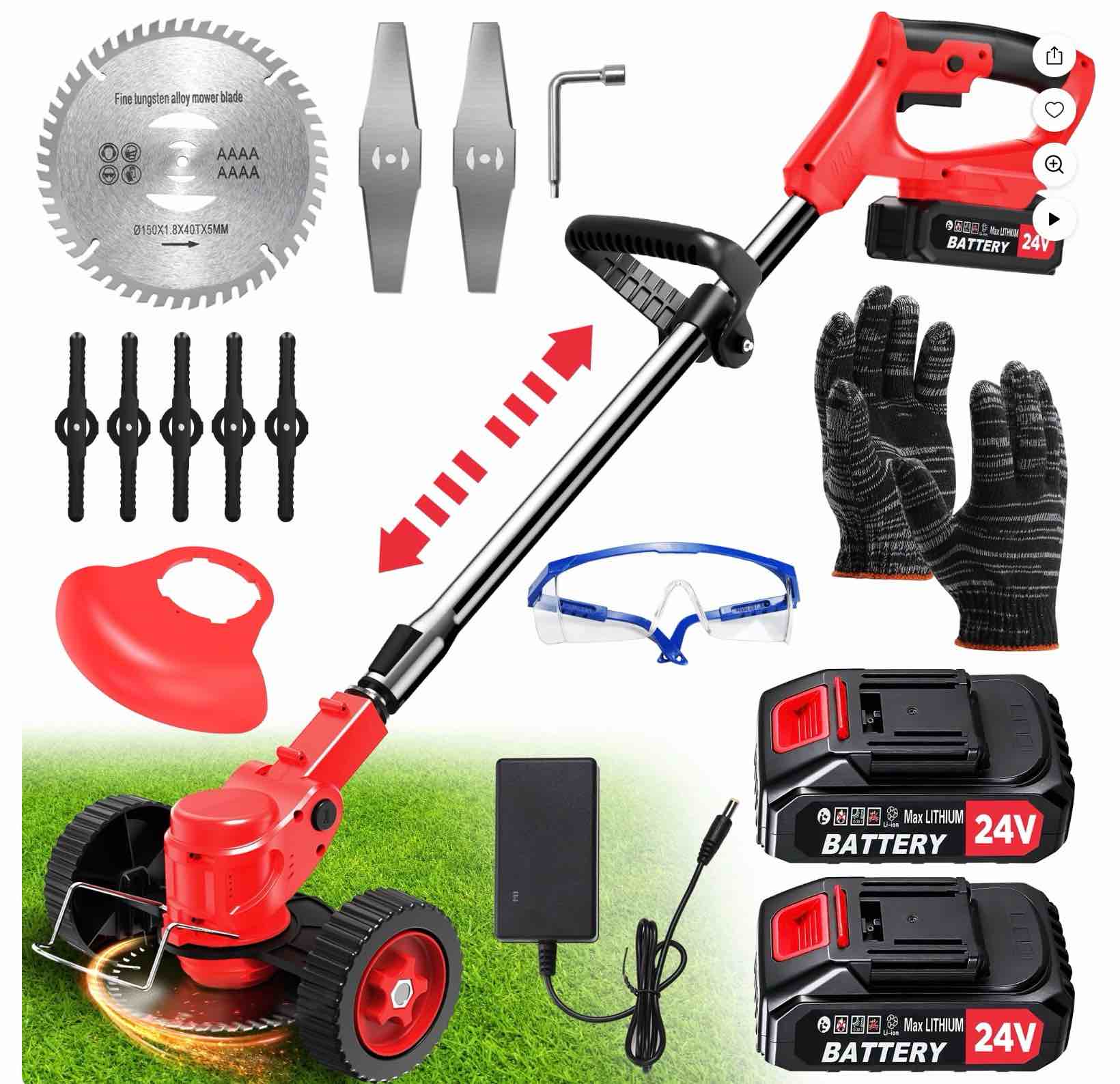 TNTANTS Eléctrica Weed Wacker, Recortadora de Cordón Inalámbrica con Ruedas, 2 Pzas Baterías de 24V, 3 Tipos de Cuchillas, Longitud Ajustable, Cortador de Hierba/edger/cepillo para Césped Patio Jardín (Rojo)