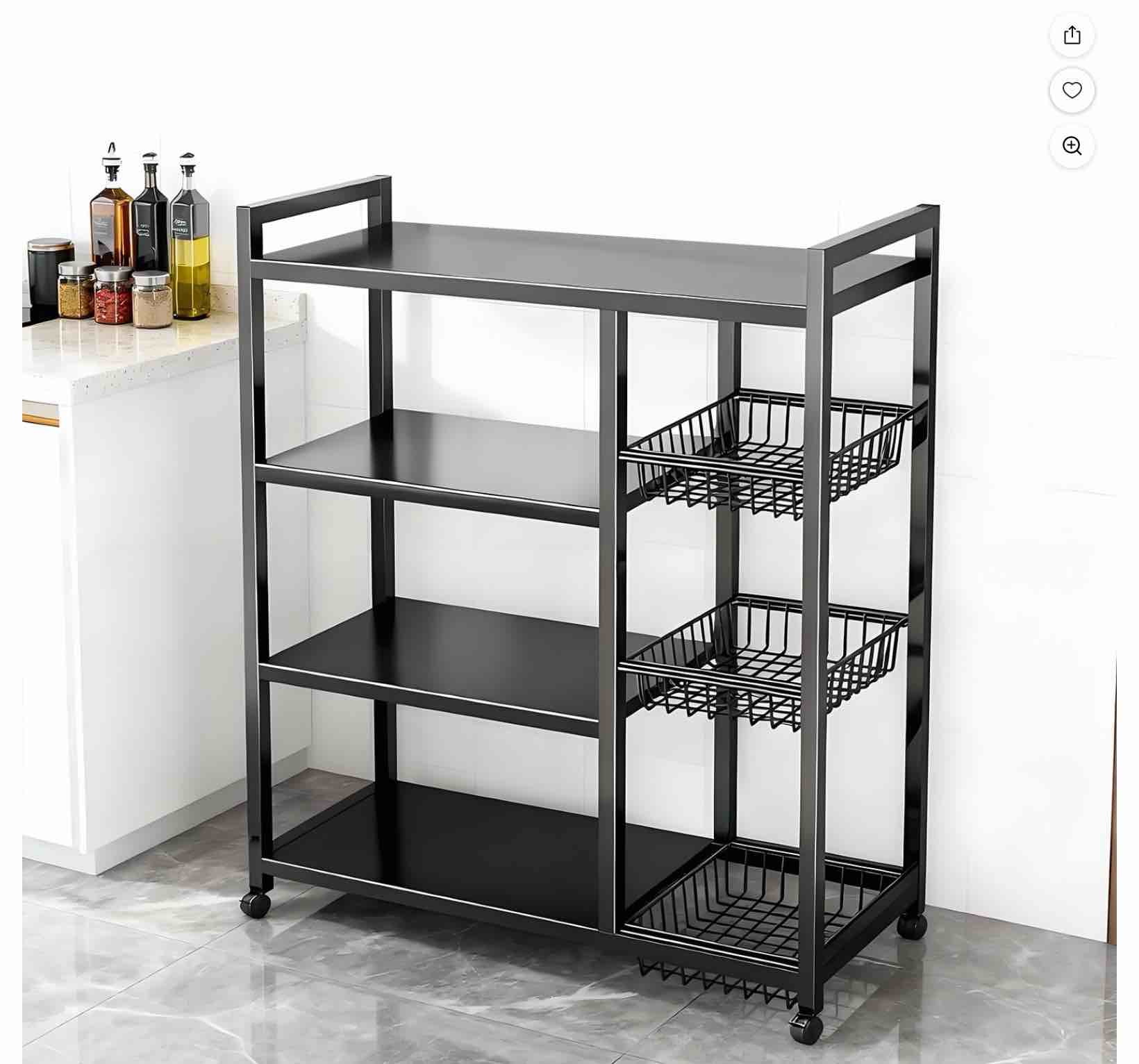 Movable Wire Shelf, High Strength 4 Tier Storage Rack with 3 Baskets and Wheels, Metal Shelf Organizer for Kitchen, Bathroom, Office, Garage, 31.5’’l*12.6’’w*42.5’’h