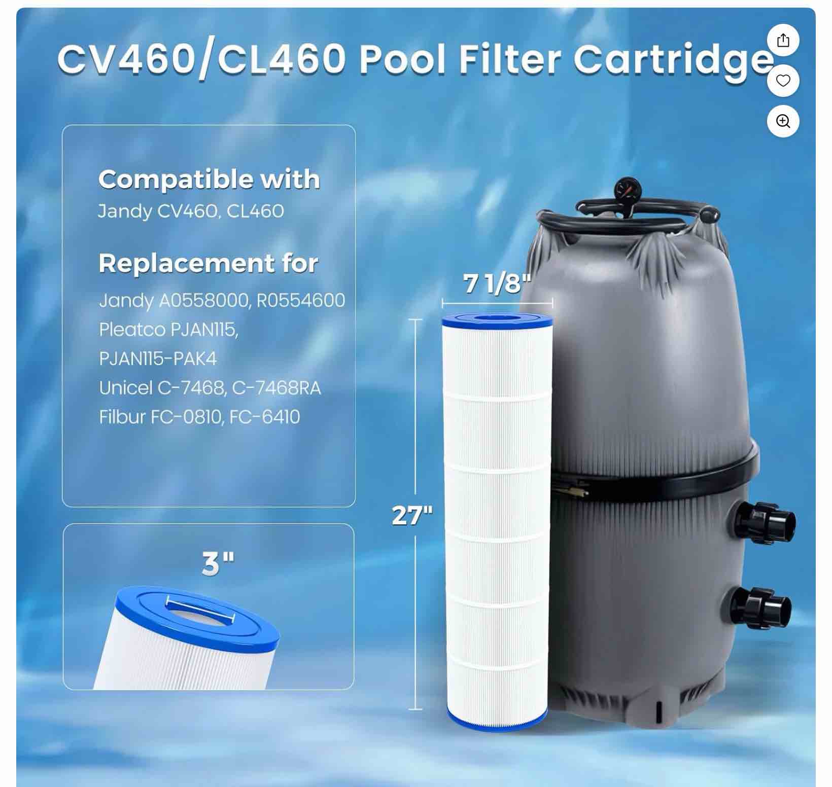 CV460 Pool Filter Cartridges Replacement for Jandy CV460, CL460, Replace R0554600, Pleatco PJAN115, Unicel C-7468, 4X115 sq.ft, 4 Pack