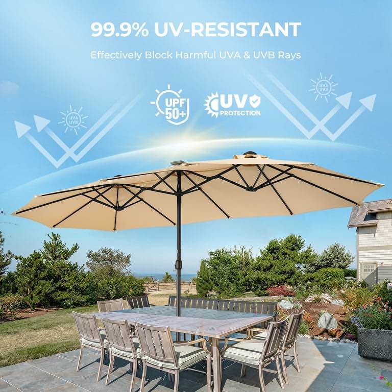 Patbrela 15ft Patio Umbrella with Light and Base, Double Sided Large Rectangular Outdoor Umbrella with Crank Handle, for Garden, Yard, Poolside and Outdoor Activities, Beige