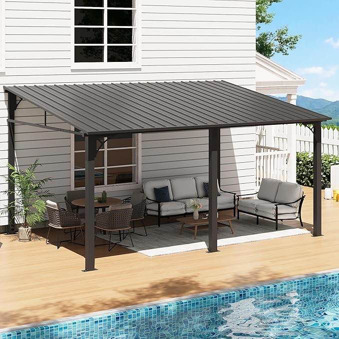 DGDV 10'x14”Outdoor Metal Leaning Gazebo with Galvanized Steel Roof, Outdoor Lean-to Pergola, Patio Cover, Brown