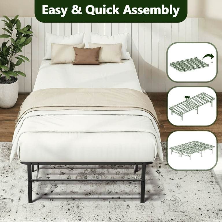 WASUHE 14" Height Twin Bed Frame, Heavy-Duty Foldable Metal Bed Frame with Underbed Storage, No Box Spring Needed - Quiet & Easy to Assemble , Ideal for Bedrooms, Apartment & Dorm Rooms, Black