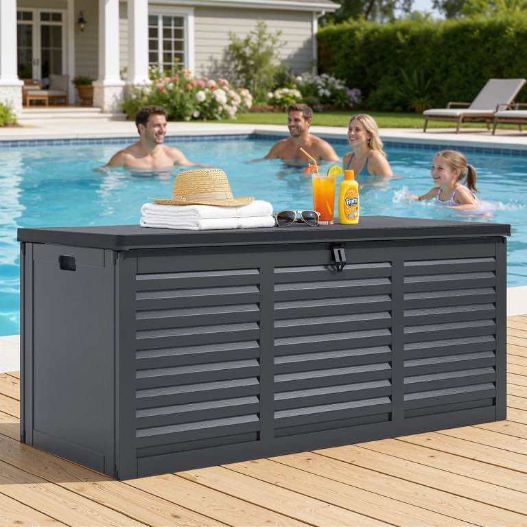 130 Gallon Resin Deck Box, Outdoor Lockable Storage Container for Patio Cushions, Garden Tools, Pool Supplies, Toys, Waterproof and UV Resistant, Reinforced Rib Design, Black