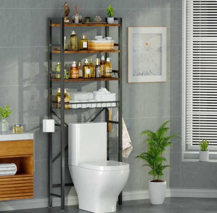 Capri Over The Toilet Storage Shelf, 4-Tier Freestanding Bathroom Organizers and Storage, above Toilet Space Saver Rack with Adjustable Shelves, Toilet Paper Holder and 9-Hooks, Rustic Brown