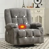 JONPONY Massage Swivel Rocker Recliner Chair with Vibration Massage and Heat Ergonomic Lounge Chair for Living Room with Rocking Function and Side Pocket, 2 Cup Holders, USB Charge Port,Grey