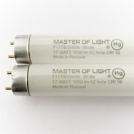 Search Master of Light F17T8 Neutral White Fluorescent Tube Light Bulbs  2-Pack  24-Inch  17W  3500K  1050 Lumens  T8 G13 Bi-Pin UPC 850062291133 EDIT PRODUCT  Master of Light F17T8 Neutral White Fluorescent Tube Light Bulbs 2-Pack 24-Inch 17W 3500K 1050 Lumens T8 G13 Bi-Pin
