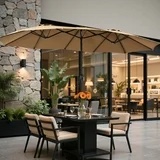 edx 15ft Patio Umbrellas (Base Included), Large Outdoor Double-Sided Rectangle Market Umbrella with Stand for Poolside, Lawn, and Backyard, Khaki