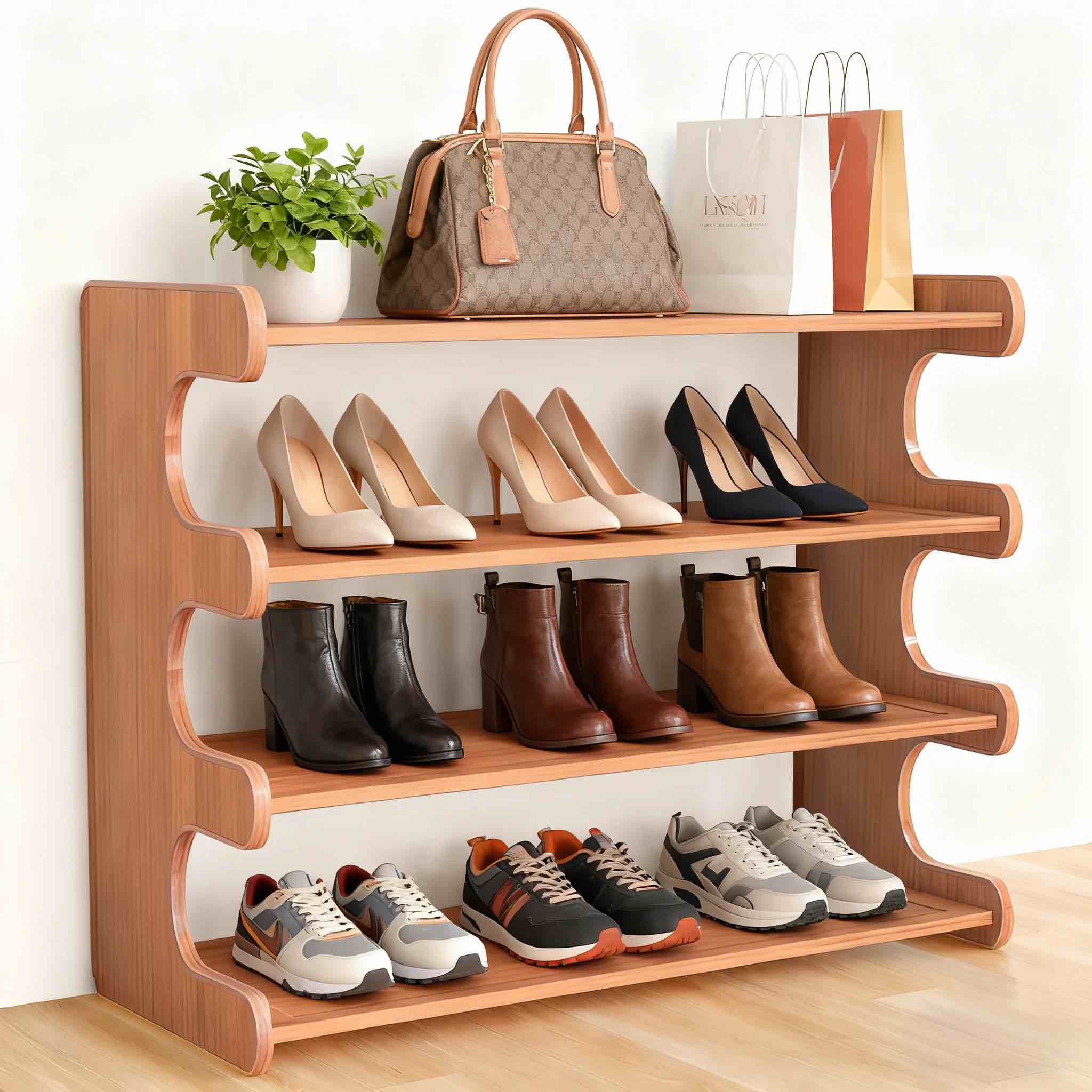 MEHOOM 4 Tier Bamboo Shoe Rack Organizer for Closet, Entryway, Dorm, Garage, Sturdy Shoe Storage Shelf, 28"x11"x20" (Natural)