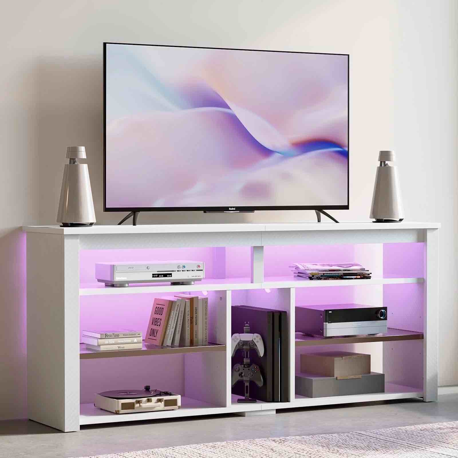 Bestier Tall TV Stand for 65" TVs,Entertainment Center with PS5 Storage,LED TV Stands for Living Room,TV console with Adjustable Storage Shelf,Carbon Fiber White TV Stand