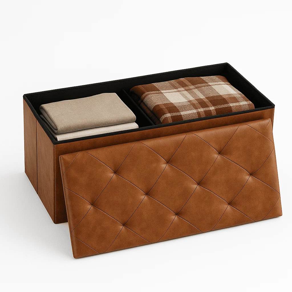CONCETTA 30" Storage Ottoman – Foldable Faux Leather Stool with Storage, 660 lb Capacity, for Bedroom, Living Room, Entryway, Brown