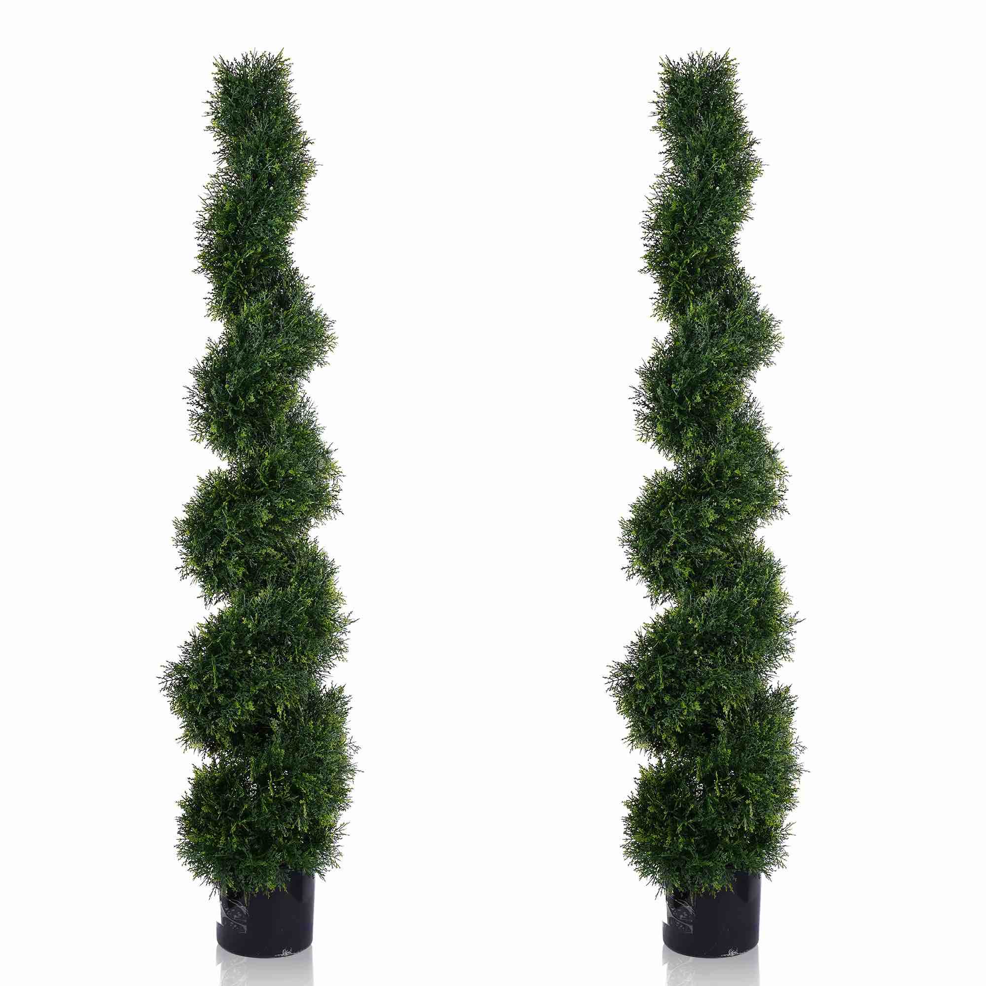 LINBONIO 5FT Artificial Spiral Cypress Tree,Topiary Trees Artificial Outdoor-Indoor Outdoor Decor - Plastic Pots - Set of 2