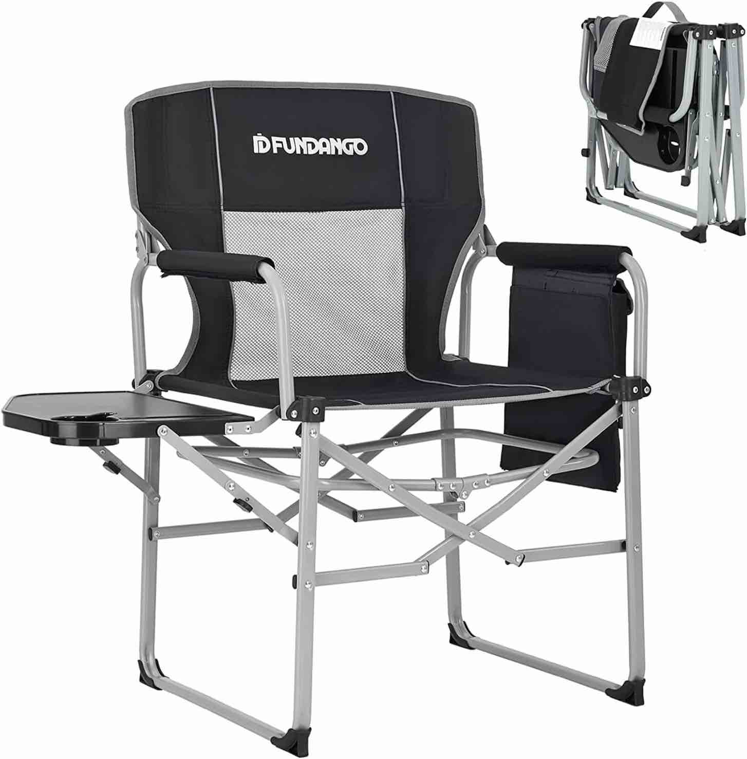 FUNDANGO Black Heavy Duty Directors Chair with Side Table for Camping, Portable Folding Camping Chairs for Outside, Foldable Outdoor Chair Support 400lbs, Oversized Beach Chair for Sports, Black