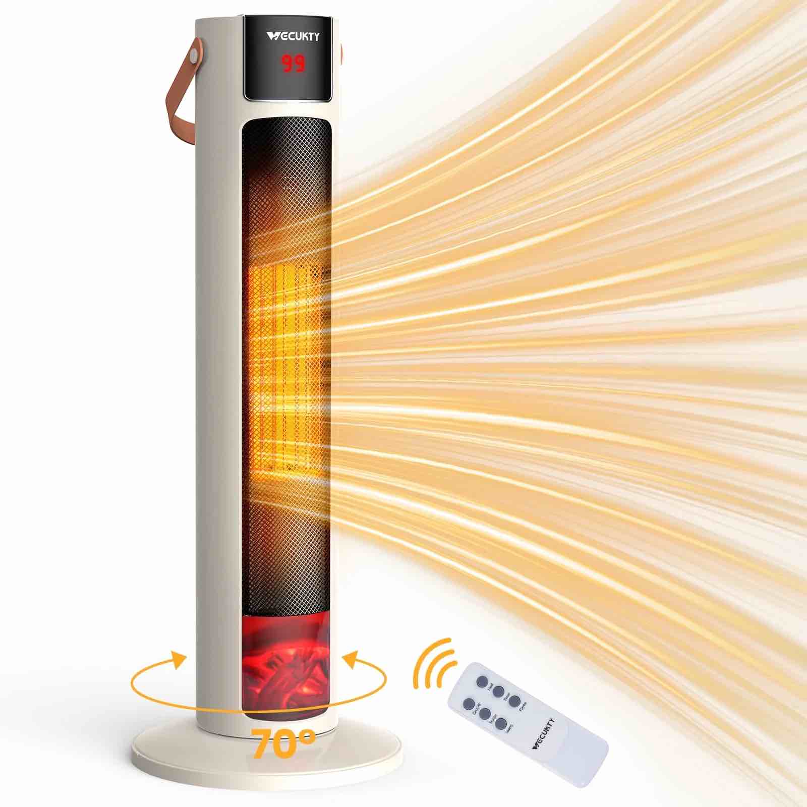 VECUKTY 26" Tower Space Heater with 3D Flame, 1500W Portable Electric Tower Electric Heater, 70 °Oscillation, 9H Timer,Remote Control for Indoor Bedroom Office Home
