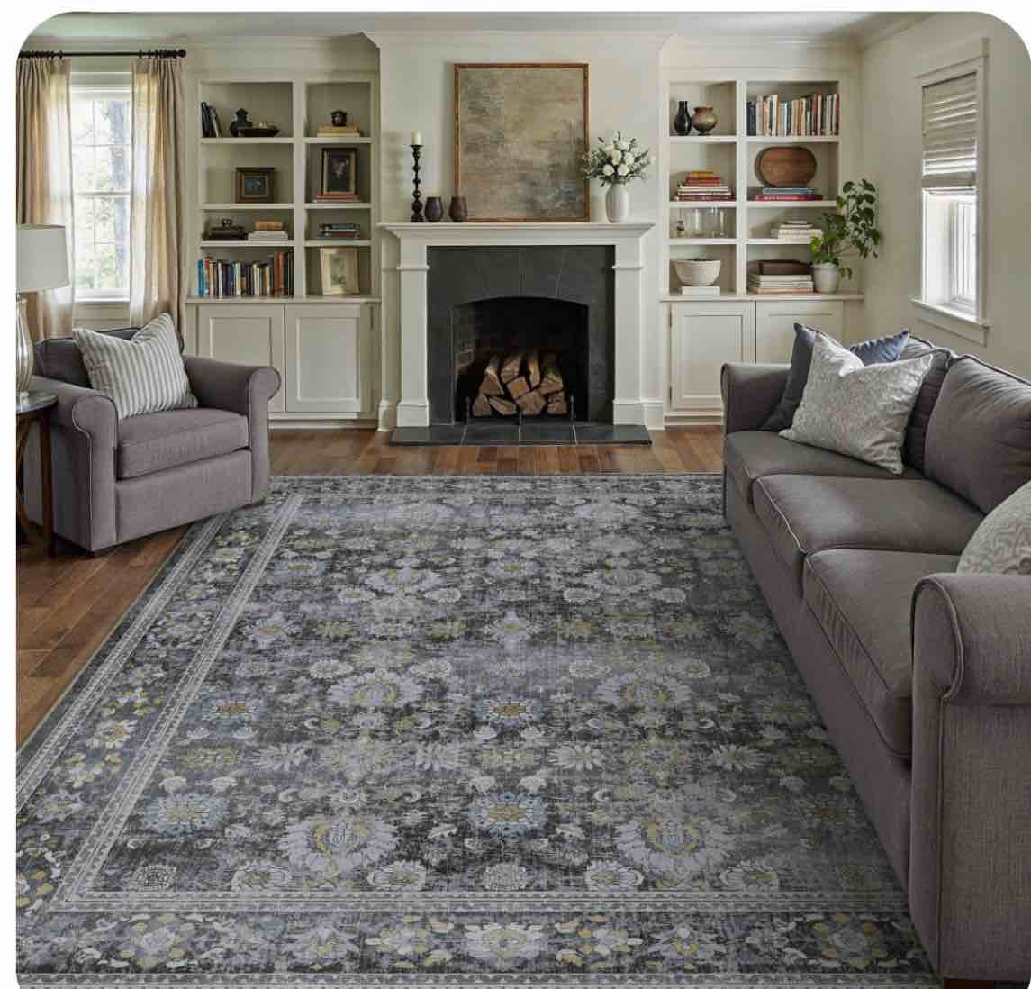 BERTHMEER 8'x10' Area Rugs for Living Room Vintage Black Rugs for Bedroom Office Machine Washable Large Farmhouse Dining Room Oriental Carpets Non Slip Traditional Distressed Rugs