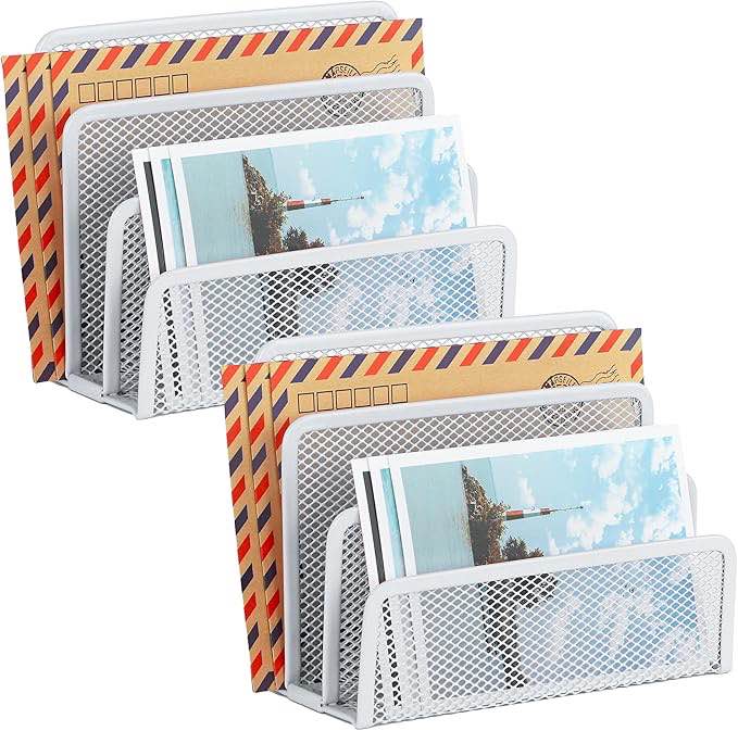 BZUEPRS Desk Mail Organizer, Office Small Letter Sorter Desktop File Organizer Metal Mesh with 4 Vertical Upright Compartments, White 1Pack