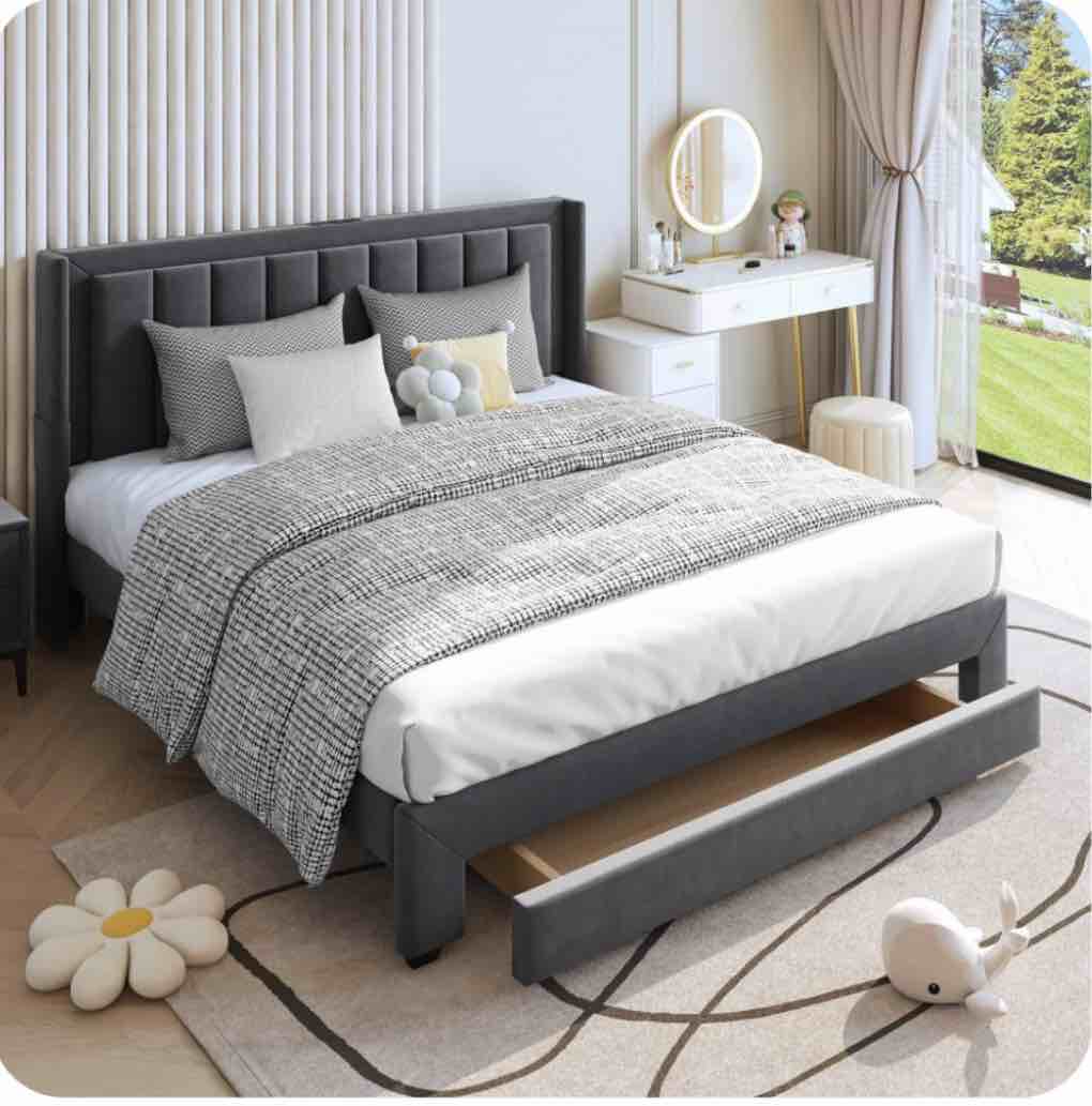 Queen Bed Frame, UHOMEPRO Upholstered Platform Bed Frame with LED Lights, Drawer, Charging Station, Fabric Platform Bed Frame for Bedroom, Wood Slats Support, No Box Spring Needed, Dark Gray