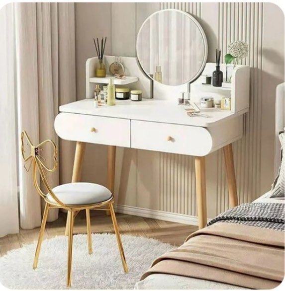 Liyufly Modern White Vanity Desk with Mirror, Solid Wood Makeup Vanity Dressing Table for Women Girls (Without Stool and LED)