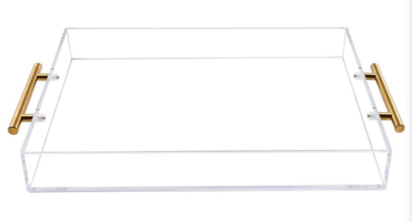 12"x16" Clear Acrylic Serving Tray with Golden Handles, Sturdy Huge Capacity Acrylic Tray for Coffee, Juice, Kitchen and Desk Organizer, Storage Tray (12"x16")