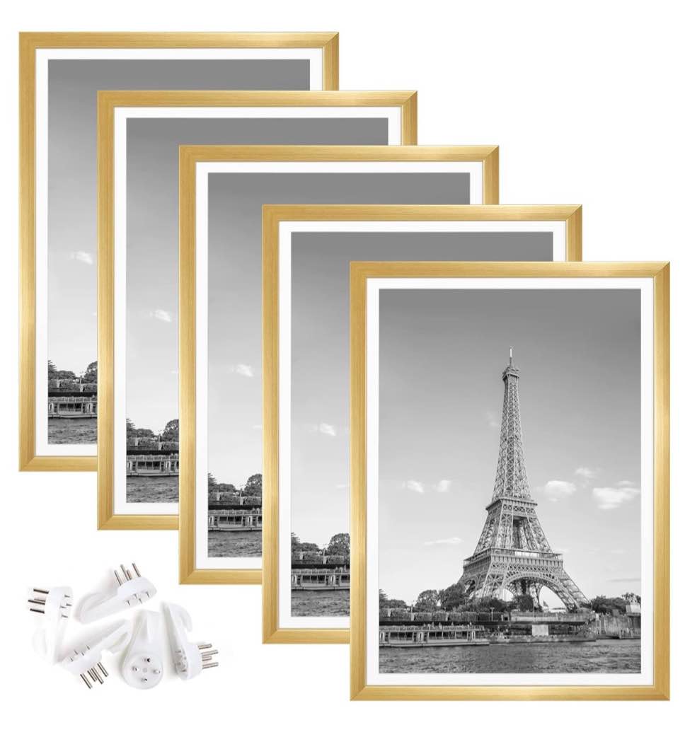 upsimples 8x10 Picture Frame Set of 5, Display Pictures 5x7 with Mat or 8x10 Without Mat, Wall Gallery Photo Frames, Black (Gold 8x12)