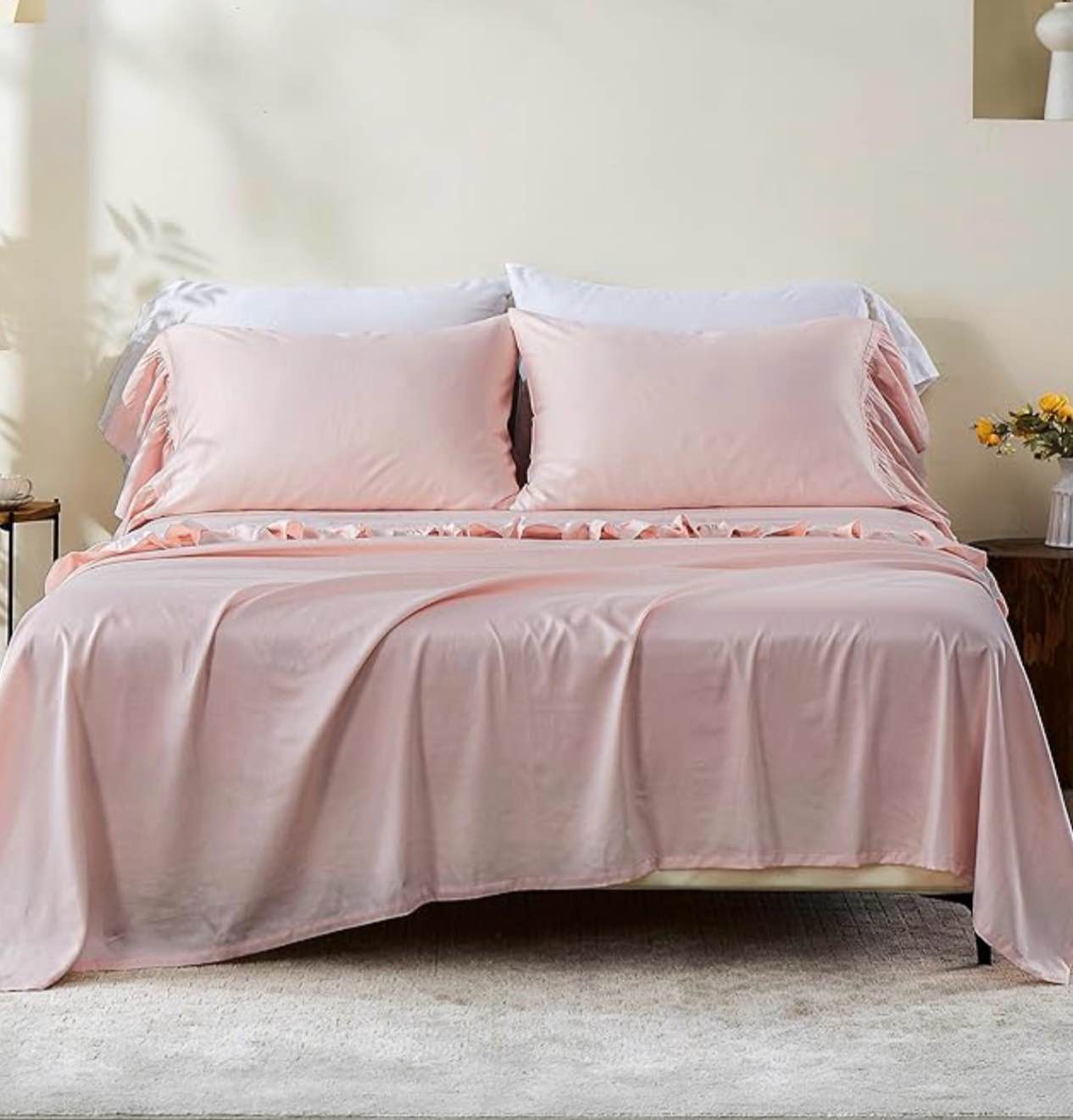 Simple&Opulence 100% Organic Cotton Sheet Set, Long Ruffle Bed Sheets (1 Flat Sheet, 1 Fitted Sheet and 2 Pillowcases) Elegant Shabby Chic Bedding Farmhouse Charming Vintage - Pink, Full