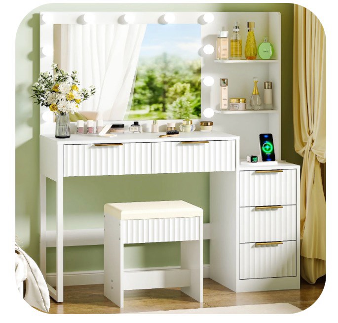 Ktaxon Flutted Makeup Vanity Table Set with 5 Drawer, Dressing Table w/Charging Station, Vanity Desk for Femal Gift, White