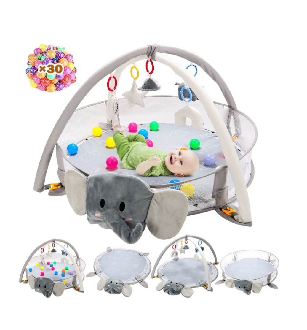 JoyStone 5-in-1 Elephant Baby Gym Play Mat with 30 Balls, Tummy Time Toys, Sensory Mat for Infants 0-12 Months