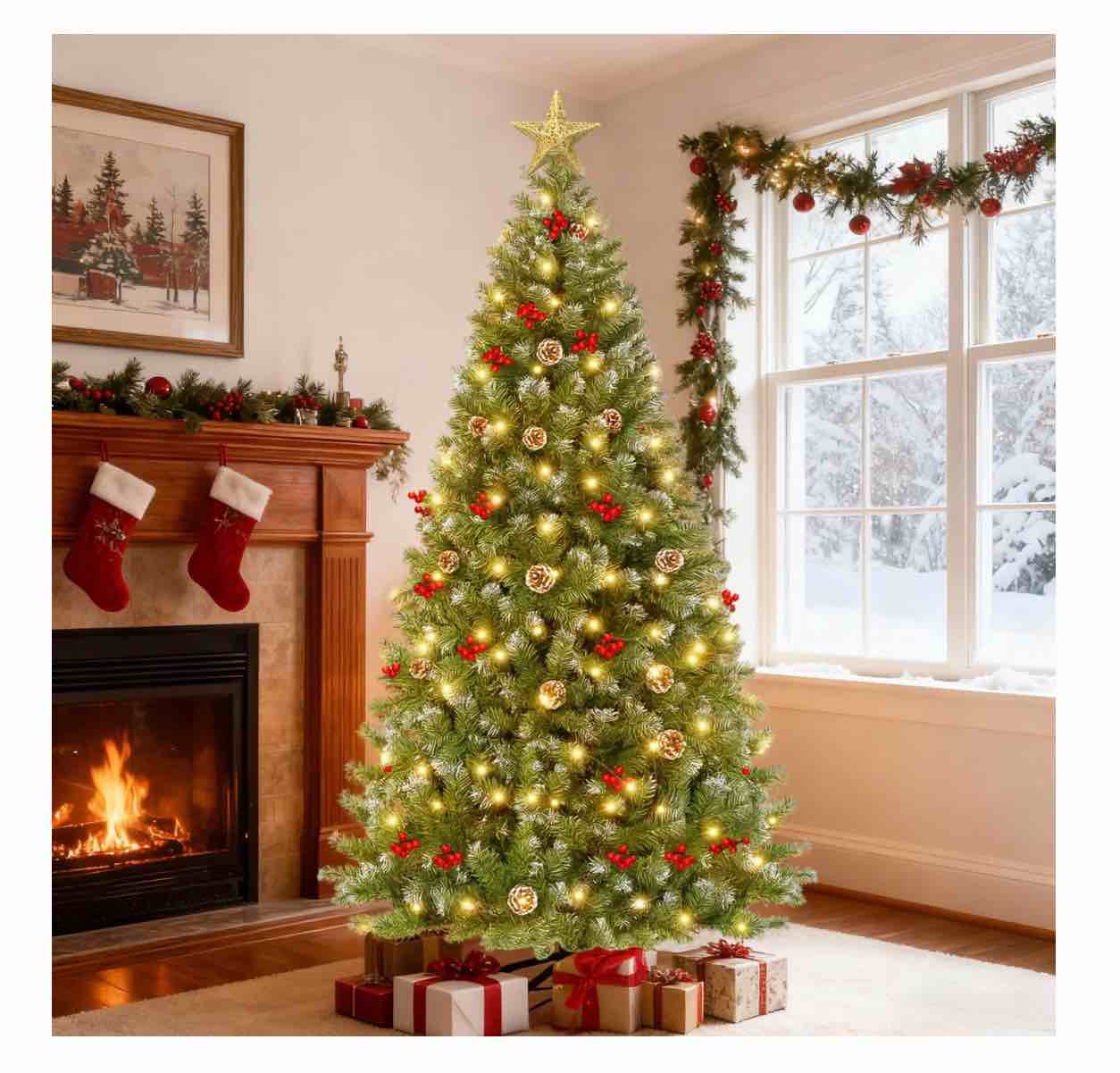 GVDV 6FT Pre-Lit Berry Christmas Tree, Artificial Snowflake Christmas Tree with 300LED Warm White Lights, Pine Cones & Top Star, Xmas Holiday Decor, Metal Hinges Easy Assembly