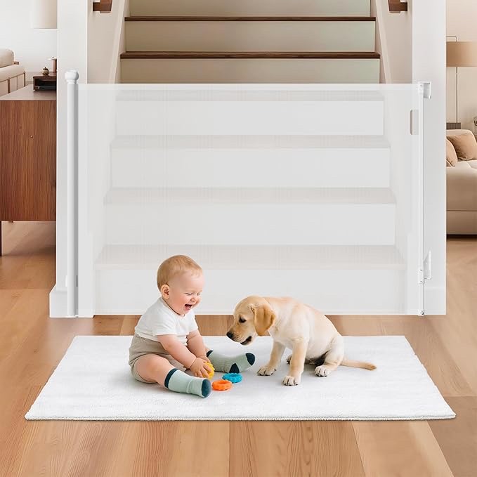 Retractable Baby Gate for Stairs, 55" Wide 38" High Pet Gate with Auto-Retract System, One-Hand Operation, Mesh Baby Gate for Doorways, Hallways, Decks, Indoor & Outdoor, White