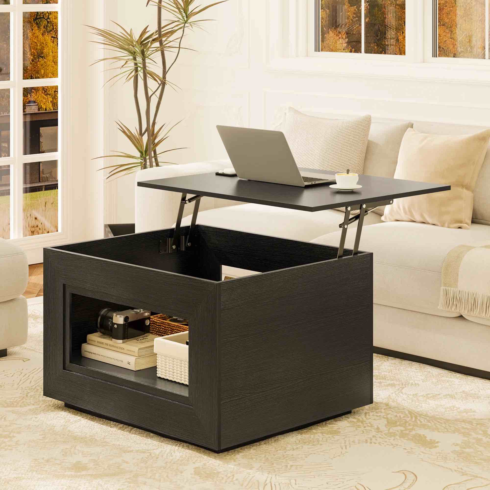 GUNAITO Lift Top Coffee Table with Storage, Wooden Convertible Coffee Table with LED Lights for Living Room, Square Center Table, Black