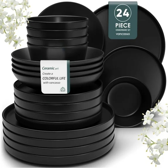 MALACASA 14 Piece Stoneware Dinnerware Set, Stackable Plates and Bowls sets Service for 8, Microwave and Dishwasher Safe,Black