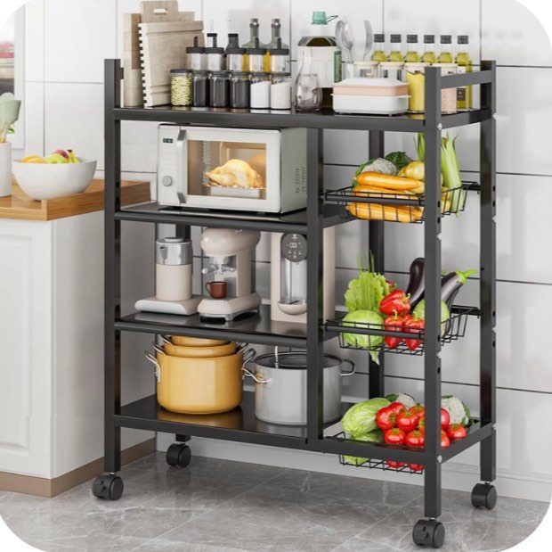 WOWDVOV 4-Tier Kitchen Storage Shelves, metal shelving, Adjustable Shelf with Wheels, shelving unit?35"x40.5"x12.5" Living Room Shelf, Kitchen Shelf with 3 Baskets, Black