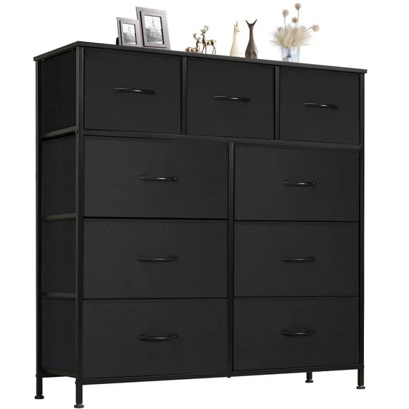 JIOABL 9 Drawer Chest Organizer with Fabric Bins, Dresser for Bedroom, Tall Steel Frame, Black