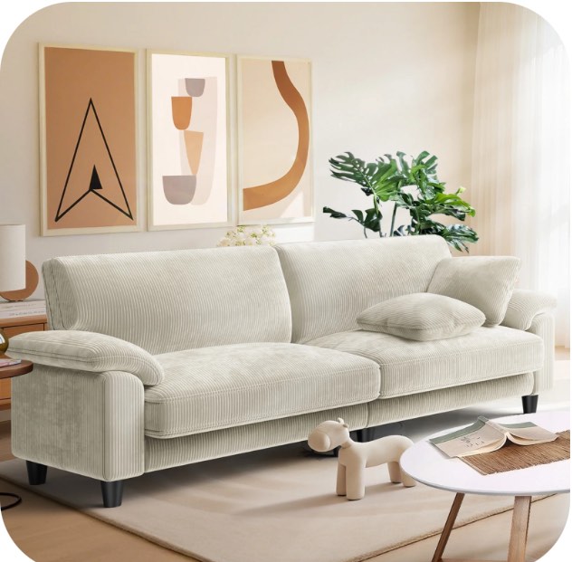 83" Corduroy Sofa,Loveseat Sofa with Extra Deep Seat Couches ,Comfy Upholstered Couch for Living Room,Tool-Free Setup with 2 Pillows,Beige