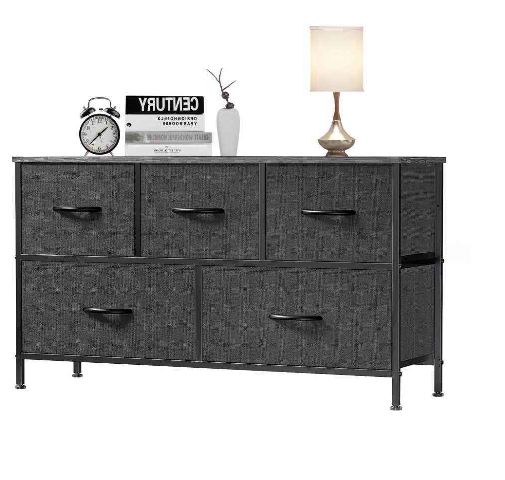 EDX 5 Drawer Dresser, Wide Chest of Drawers Nightstand Storage Tower Storage Fabric Dresser with Wood Top for Living Room, Bedroom, Hallway,Black